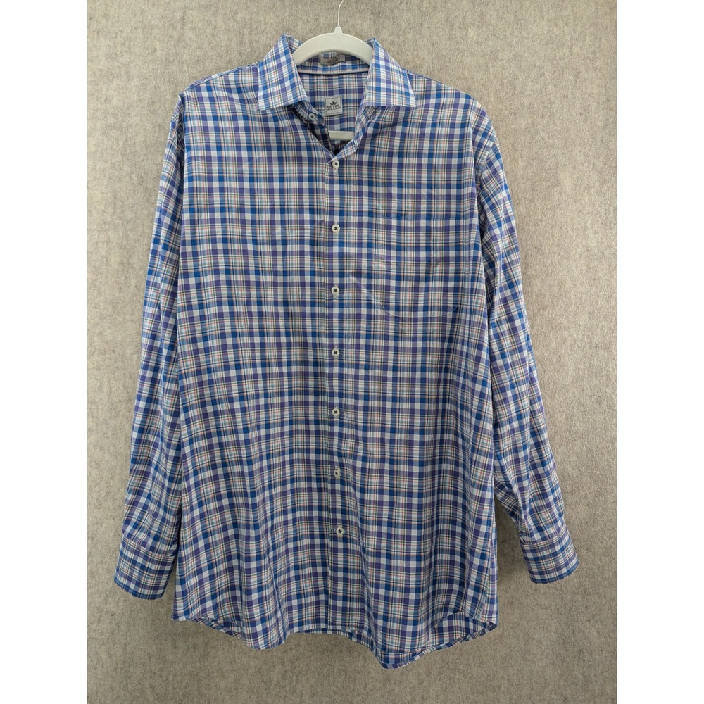 Peter Millar Mens Large Plaid Button Down Shirt Blue Purple Check Cotton L